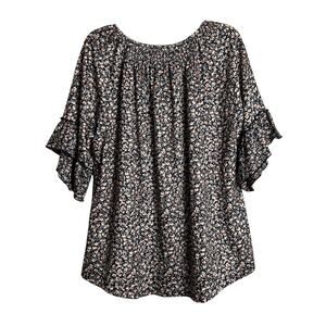 Micoson XL Women's Floral Peasant Top Black Beige NWT